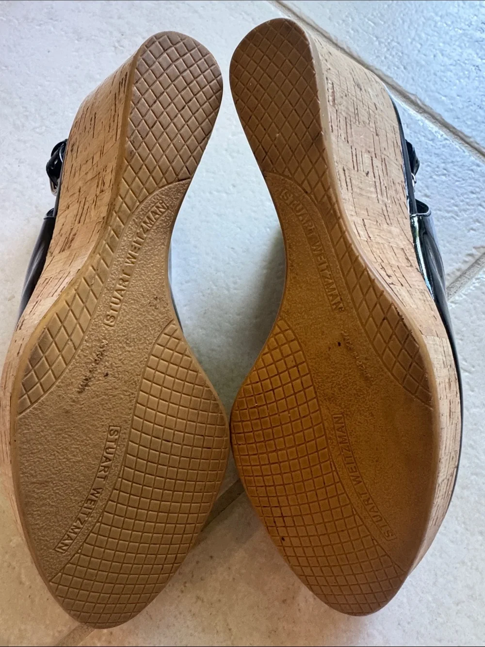 Stuart Weitzman Black Patent Cork Wedge peep toe Sandal Size 8